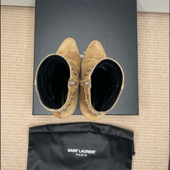 Authentic Saint Laurent Women Tan Suede Ankle Boot with silver spikes size:37.5 - Picture 6 of 12